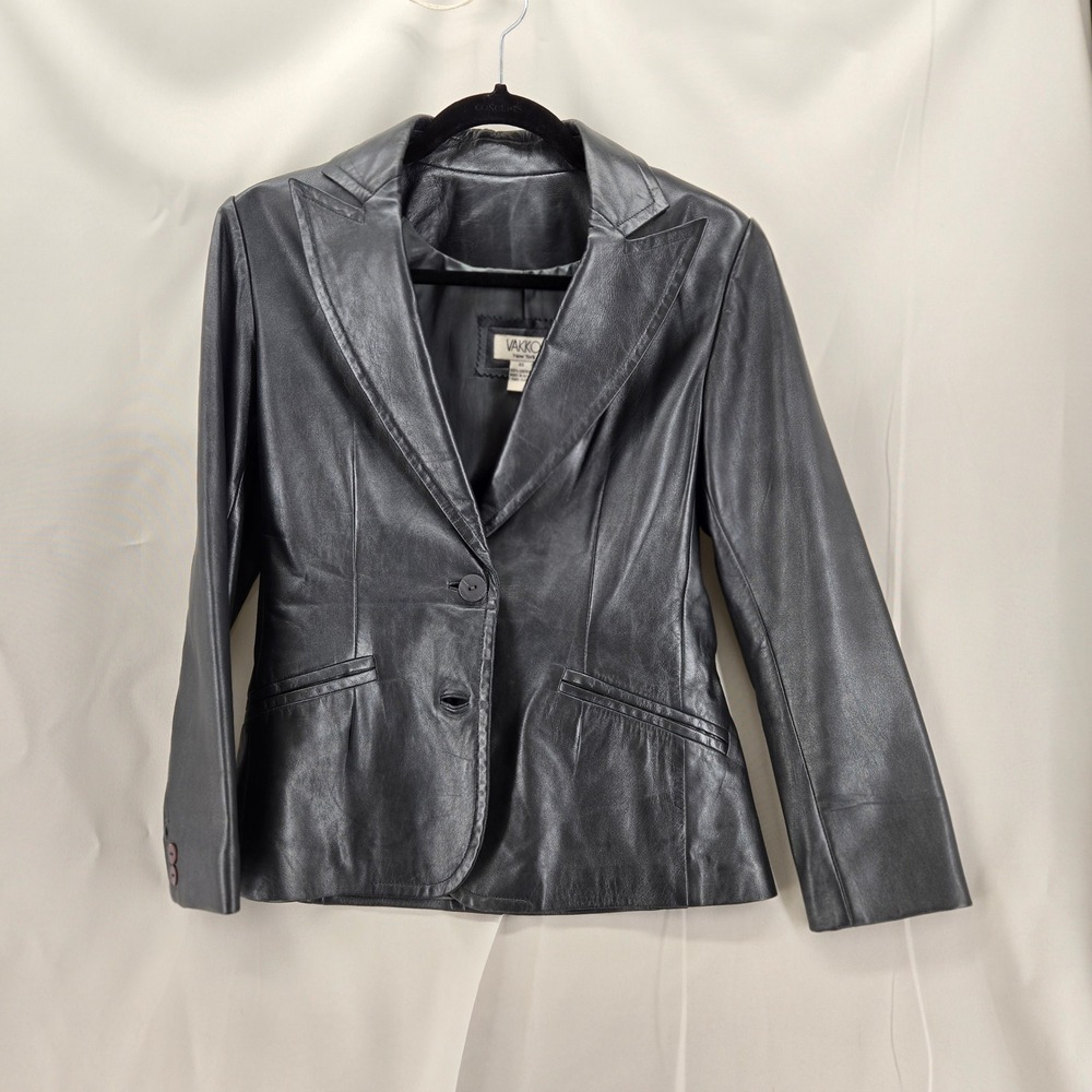 Vintage VAKKO New York Leather Skirt Blazer Suit Set Gunmetal Gray 2PC XS - Picture 2 of 8